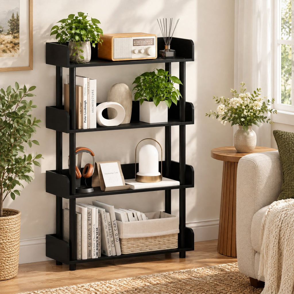Airfind 4-Tier Bookshelf Open Bookcase with Anti-Tipping Kit Industrial Storage Unit, 33 lbs Capacity, Engineered Wood PE PP Frame, Black