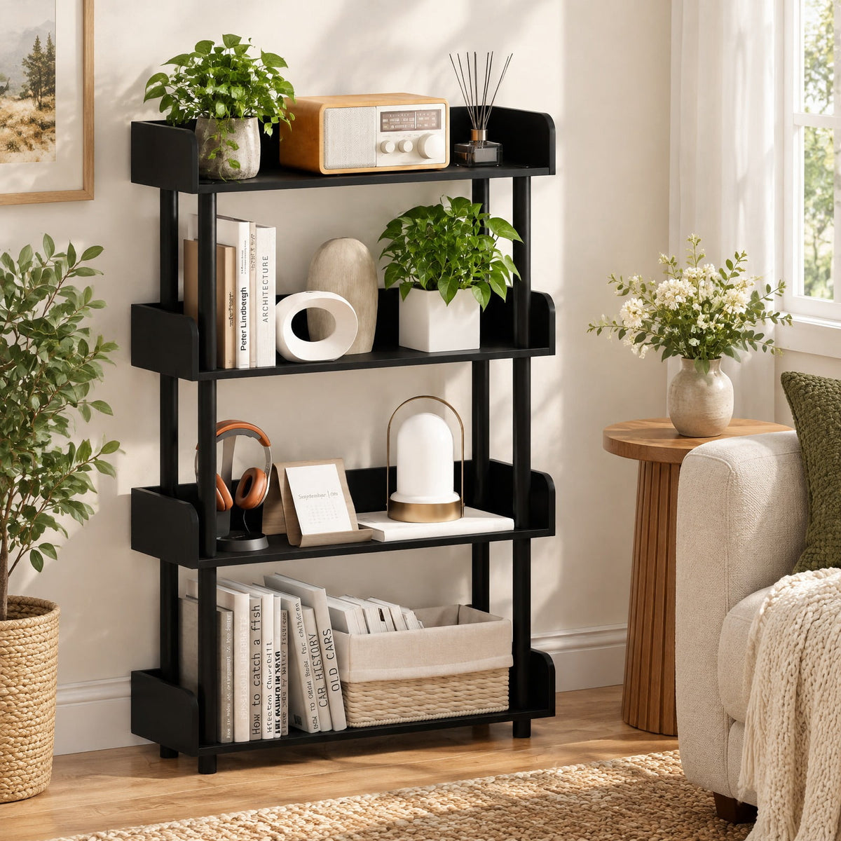 Airfind 4-Tier Bookshelf Open Bookcase with Anti-Tipping Kit Industrial Storage Unit, 33 lbs Capacity, Engineered Wood PE PP Frame, Black