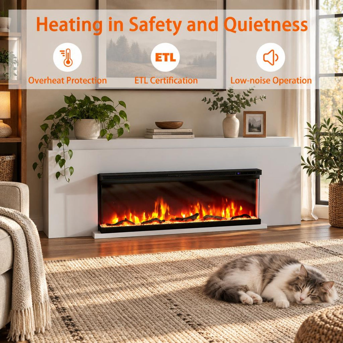 Airfind 36/40/50/60 Inch Wide 3-Sided Electric Fireplace Insert with Remote Control and 12 Flame Colors-50 Inch, Metal Tempered Glass Frame, Black
