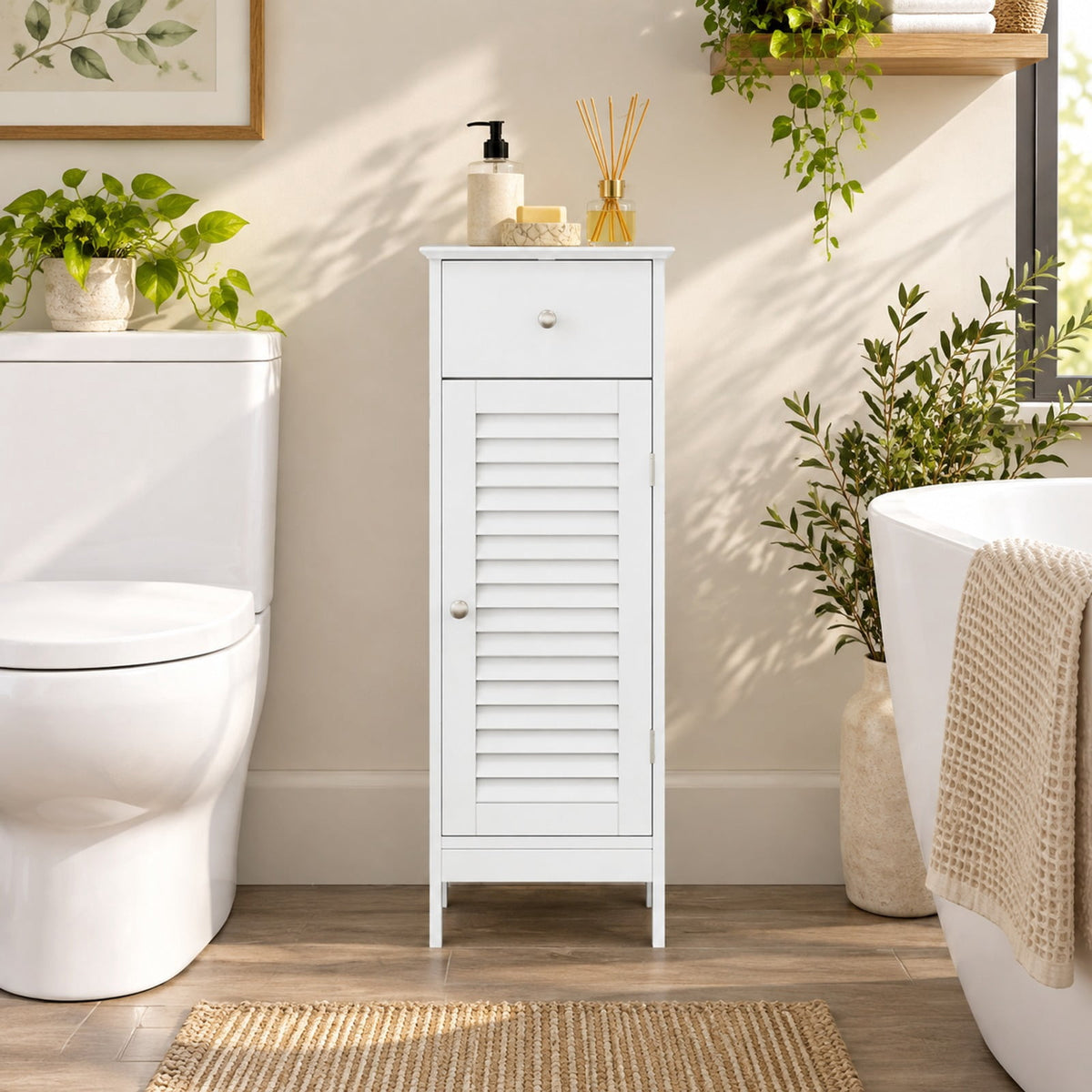 Airfind Narrow Bathroom Storage Cabinet with Adjustable Shelf and Drawer, 13in x 12in x 34.5inOverall Interior Footprint, White