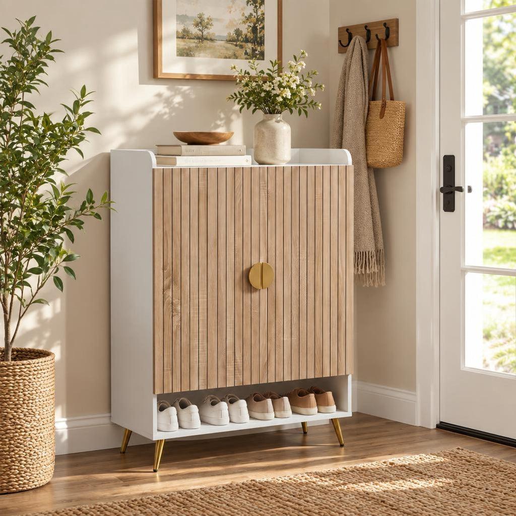 Airfind 44in Tall Shoe Storage Cabinet with 7-Tier Doors and Adjustable Shelves for Entryway, 110 lbs Capacity, Engineered Wood Metal Frame, Natural