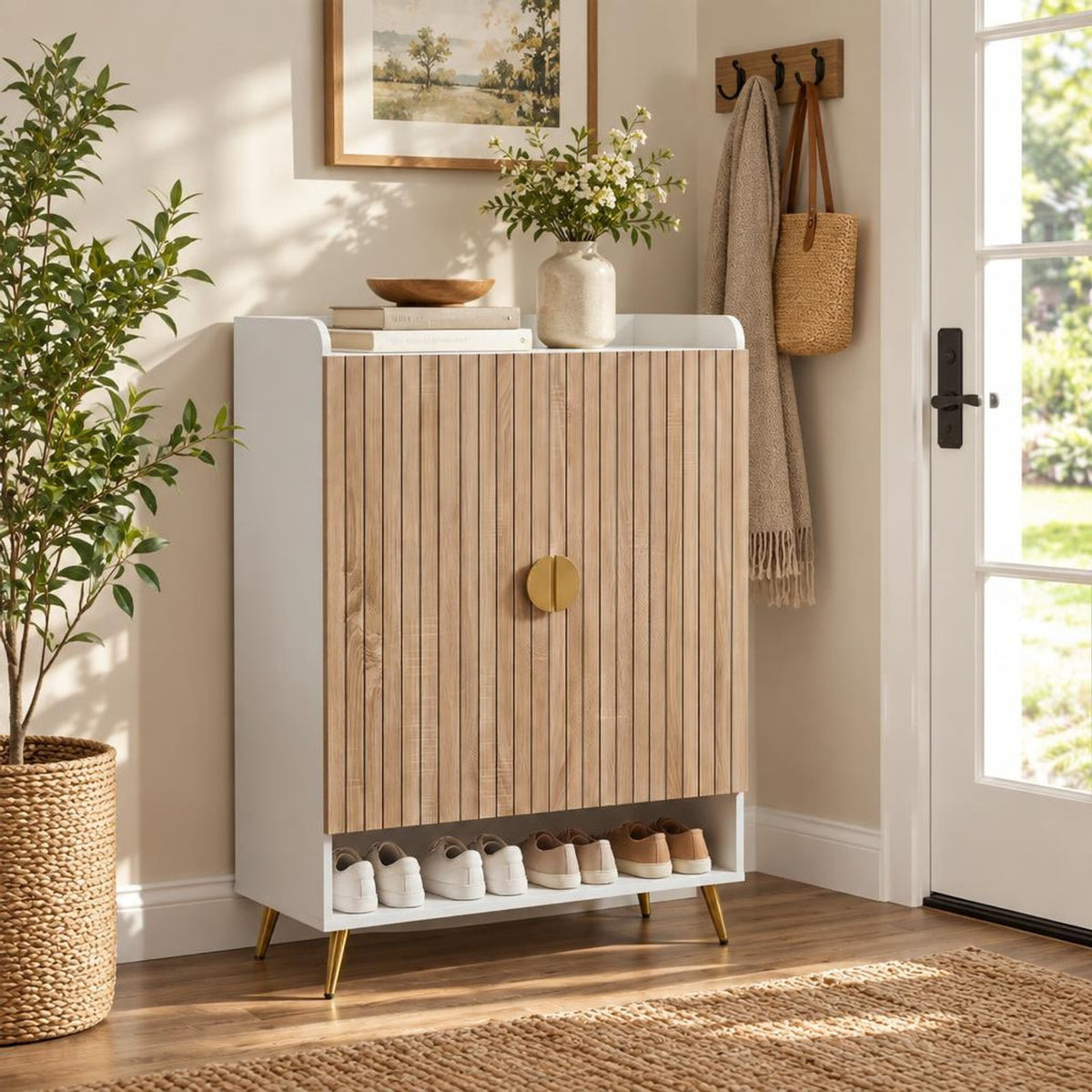 Airfind 44in Tall Shoe Storage Cabinet with 7-Tier Doors and Adjustable Shelves for Entryway, 110 lbs Capacity, Engineered Wood Metal Frame, Natural