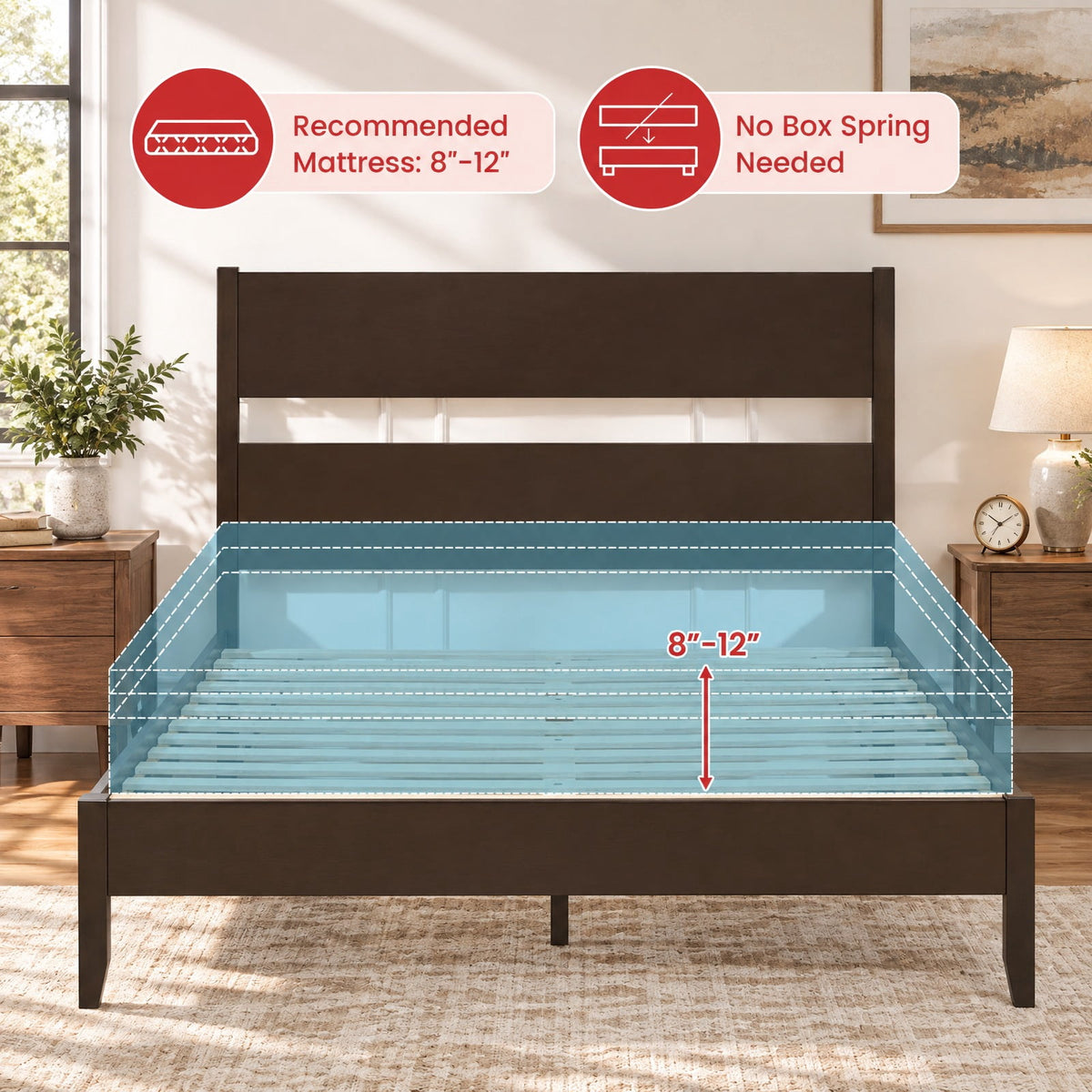 Airfind Queen Bed Frame with Headboard and Solid Wood Legs 12 Slats, 800 lbs Capacity, Rubber Wood Engineered Wood LVL Frame, Wood