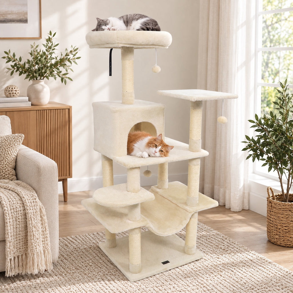 Airfind 58 Multi-Level Cat Tree Soft Plush Cat Tower with Padded Top Perch, PP Cotton Fabric Sisal Engineered Wood Overall Height 58 Base Frame