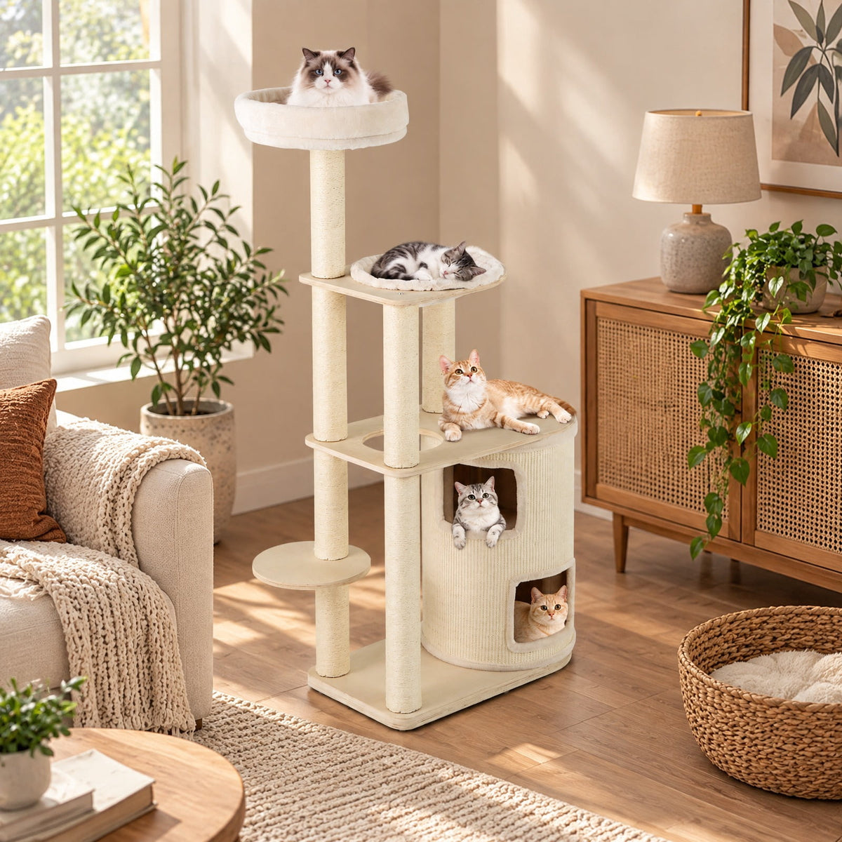Airfind 60 Inches Tall Cat Tree with 2-Story Condo and Sisal Scratching Posts, 27.5 Inch x 15.5 Inch x 60 Inch Condo Footprint, Natural