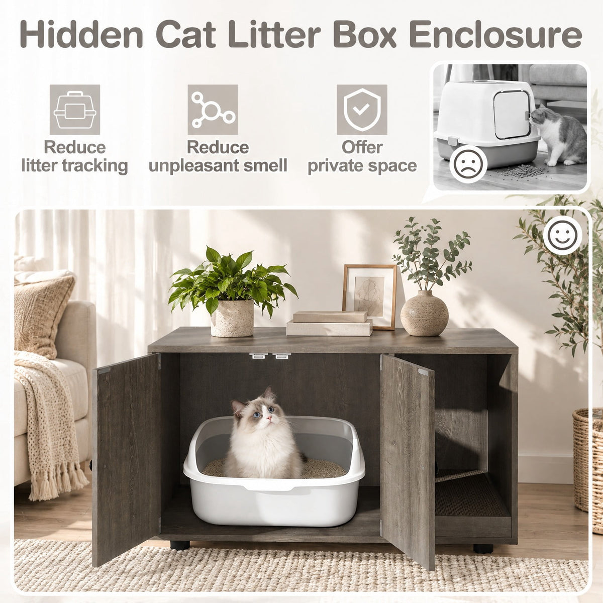 Airfind Wooden Cat Litter Box Enclosure Hidden Litter Box Furniture with Scratching Board, Engineered Board MDF Frame, Oak