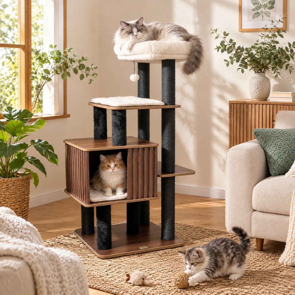 Airfind 53.5 inch Tall Cat Tree for Indoor Cat Wooden Cat Tower Top Perch with Soft Padding, 23in x 23in Cat Condo Footprint, Brown