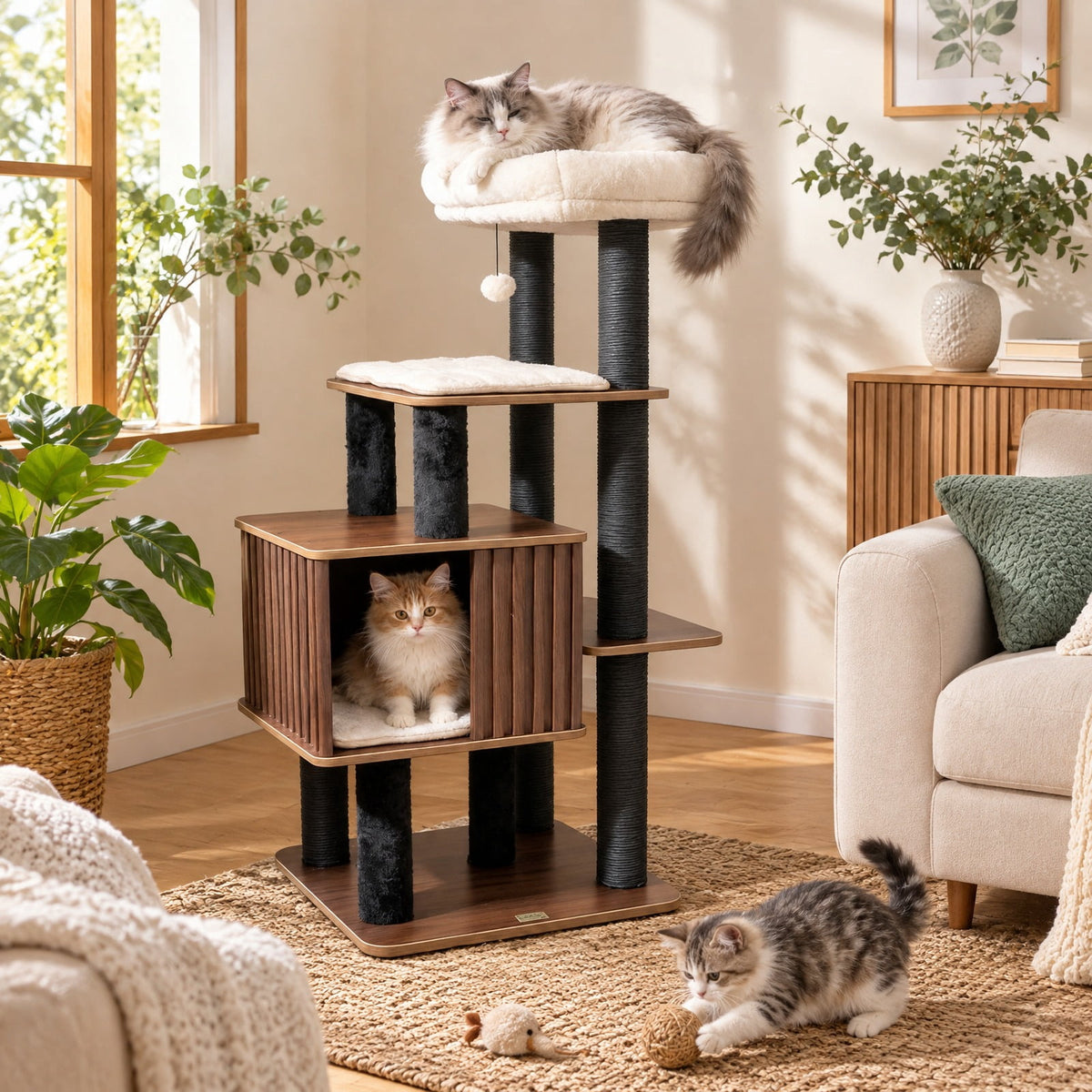 Airfind 53.5 inch Tall Cat Tree for Indoor Cat Wooden Cat Tower Top Perch with Soft Padding, 23in x 23in Cat Condo Footprint, Brown