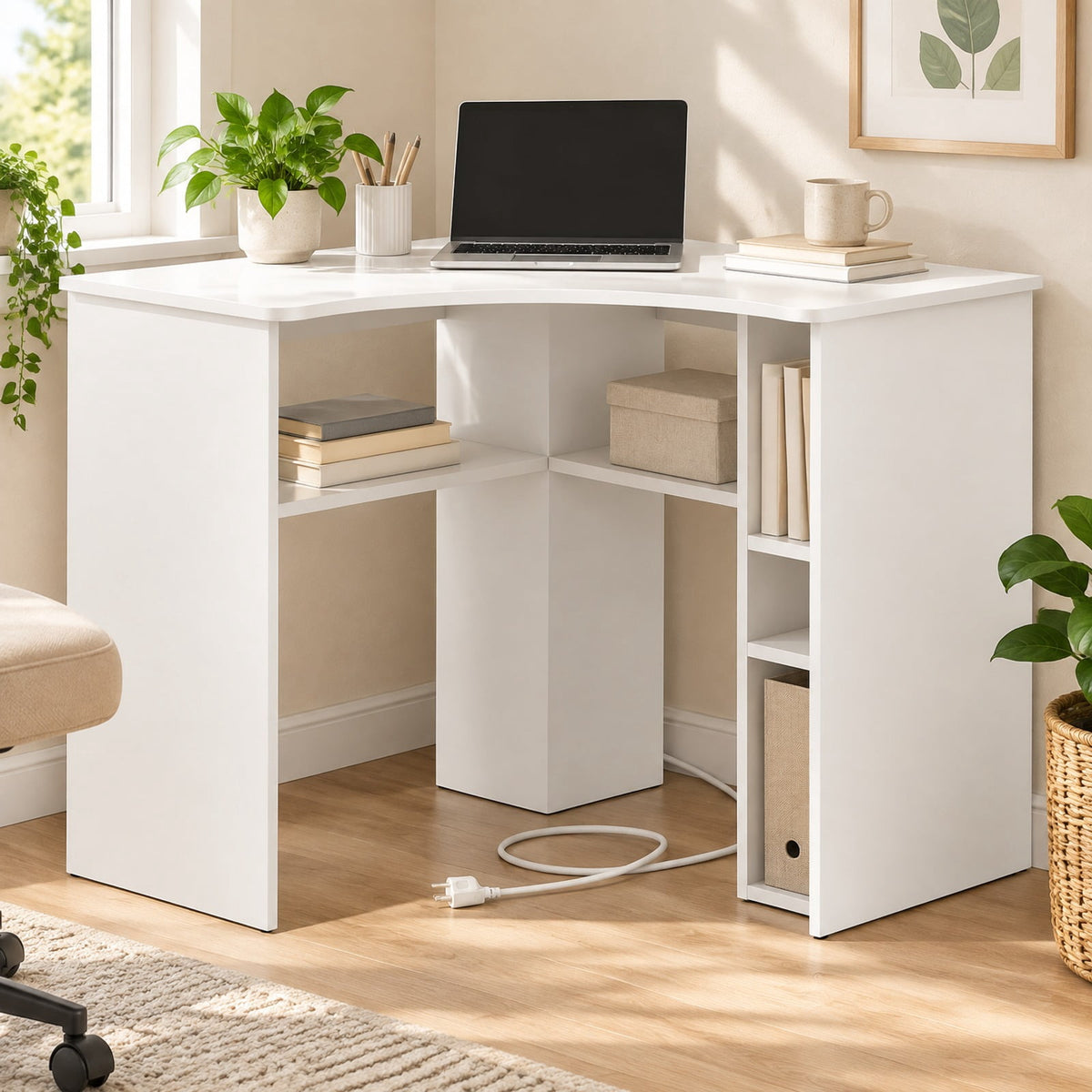 Airfind Corner Computer Desk Triangle Home Office Desk with Adjustable Shelf and Arc-Shaped Profile, 100 lbs Capacity, Brown