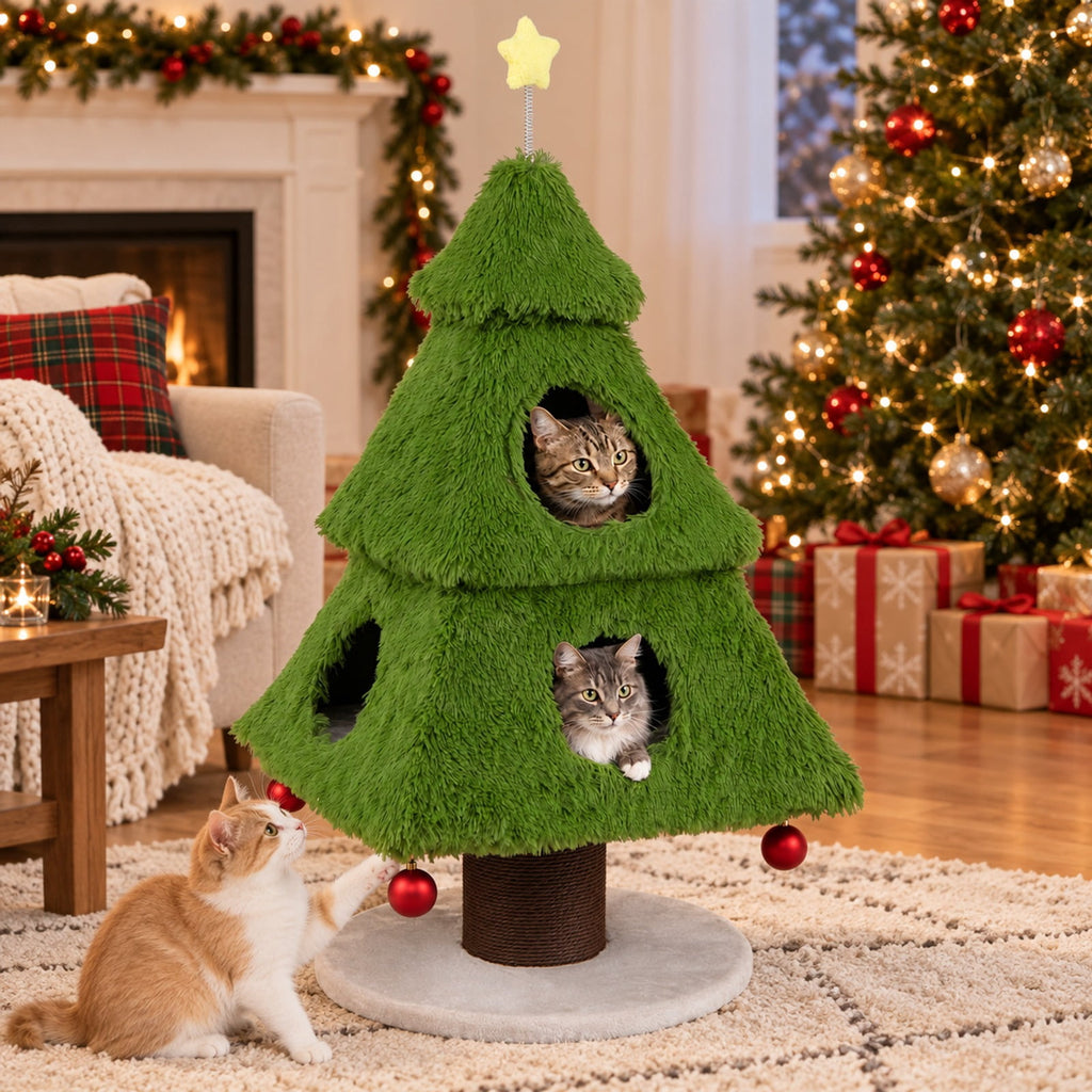 Airfind Christmas Cat Tree with Scratching Post and Dangling Balls for Indoor Cats, 33 lbs Capacity, Green