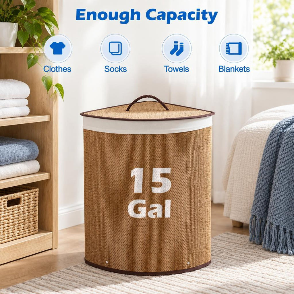Airfind 15 Gal Capacity Bamboo Laundry Hamper with Removable Liner, 22 lbs Capacity, Bamboo Polyester Cotton Metal Engineered Wood Frame, Brown