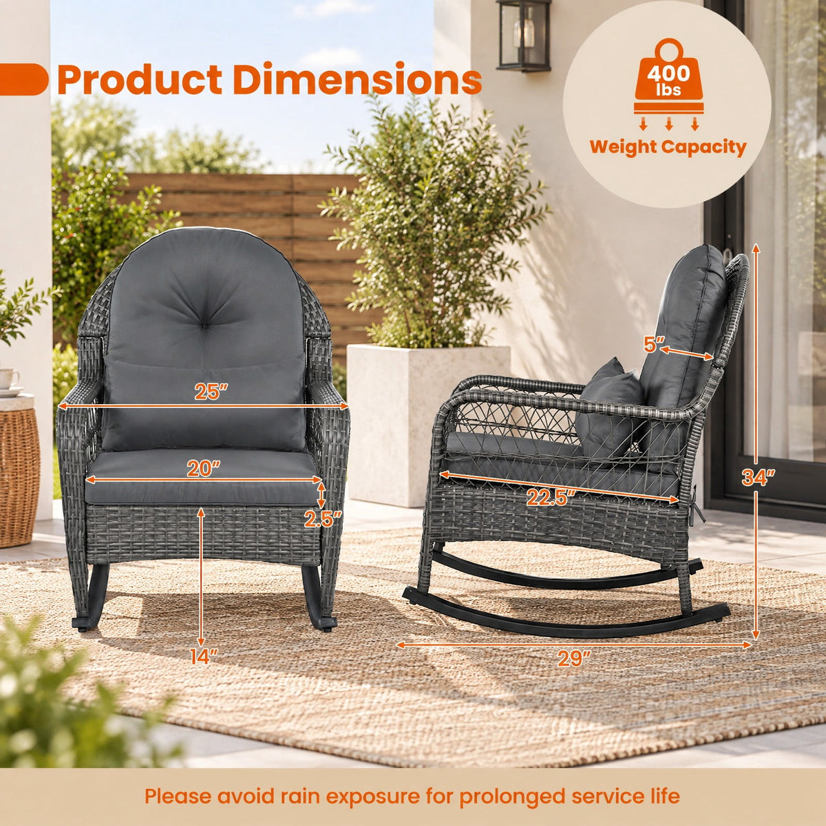 Airfind 400 LBS Patio Rattan Rocker Chair with Anti-Tip Stoppers and Thick Cushions for Porch, 400 lbs Capacity, 25 x 29 x 34 Footprint, Gray