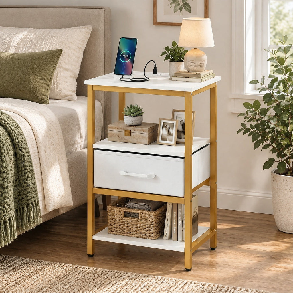 Airfind Nightstand with Charging Station and Adjustable Fabric Drawer for Bedroom and Living Room-Set of 2, 44 lbs Capacity, White and Gold
