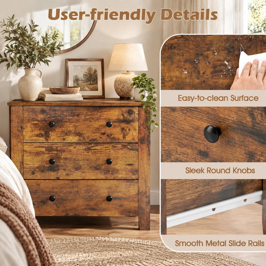 Airfind 3 Drawer Dresser Chest of Drawers Bedside Table, MDF Frame, 28in x 18in x 26in Footprint, Brown