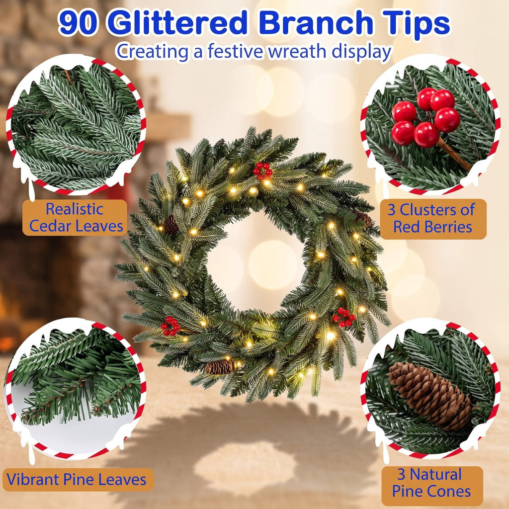 Airfind 24 Pre-lit Christmas Wreath Front Door Artificial Xmas Wreath with 90 Frosted Branch Tips, PVC PE Metal Frame, 24 x 24 Footprint, Green