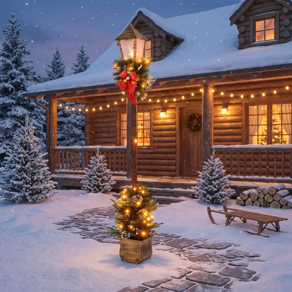 Airfind 6.1 Feet Christmas Pre-lit Street Lamp with Artificial Greenery and Snow-flocked Branch Tips, Metal Plastic Frame, 9in x 9in x 6.1ft Footprint