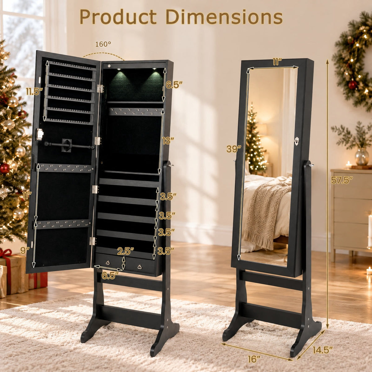 Airfind Lockable Freestanding Jewelry Cabinet Armoire with Full-Length Mirror and Lights, MDF Glass, 16 Inch X 14.5 Inch X 57.5 Inch, Black