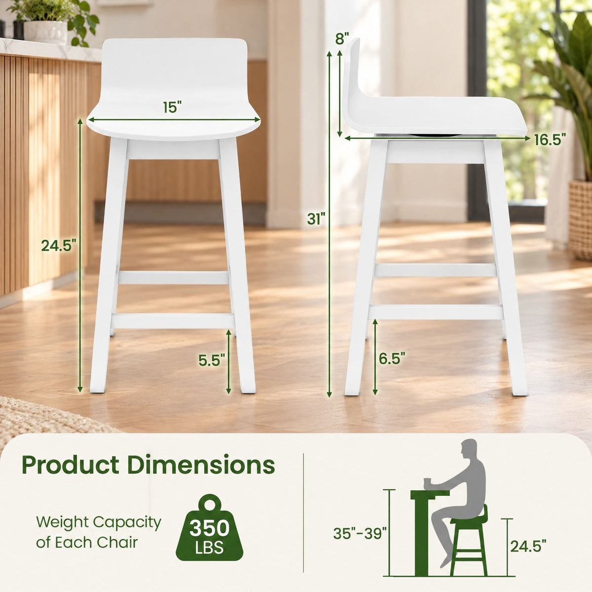 Airfind 24.5 Inch Swivel Wooden Bar Stools Set of 4 with Rubber Wood Legs and Low Back, 350 lbs Capacity, Rubber Wood Plywood Frame, White