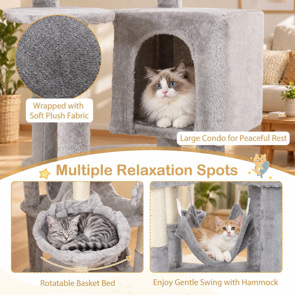 Airfind 69 Inch Multi-level Cat Tree with Top Perch and Cozy Condo, 11 lbs Capacity, Gray + Orange, Featuring large condo for peaceful rest