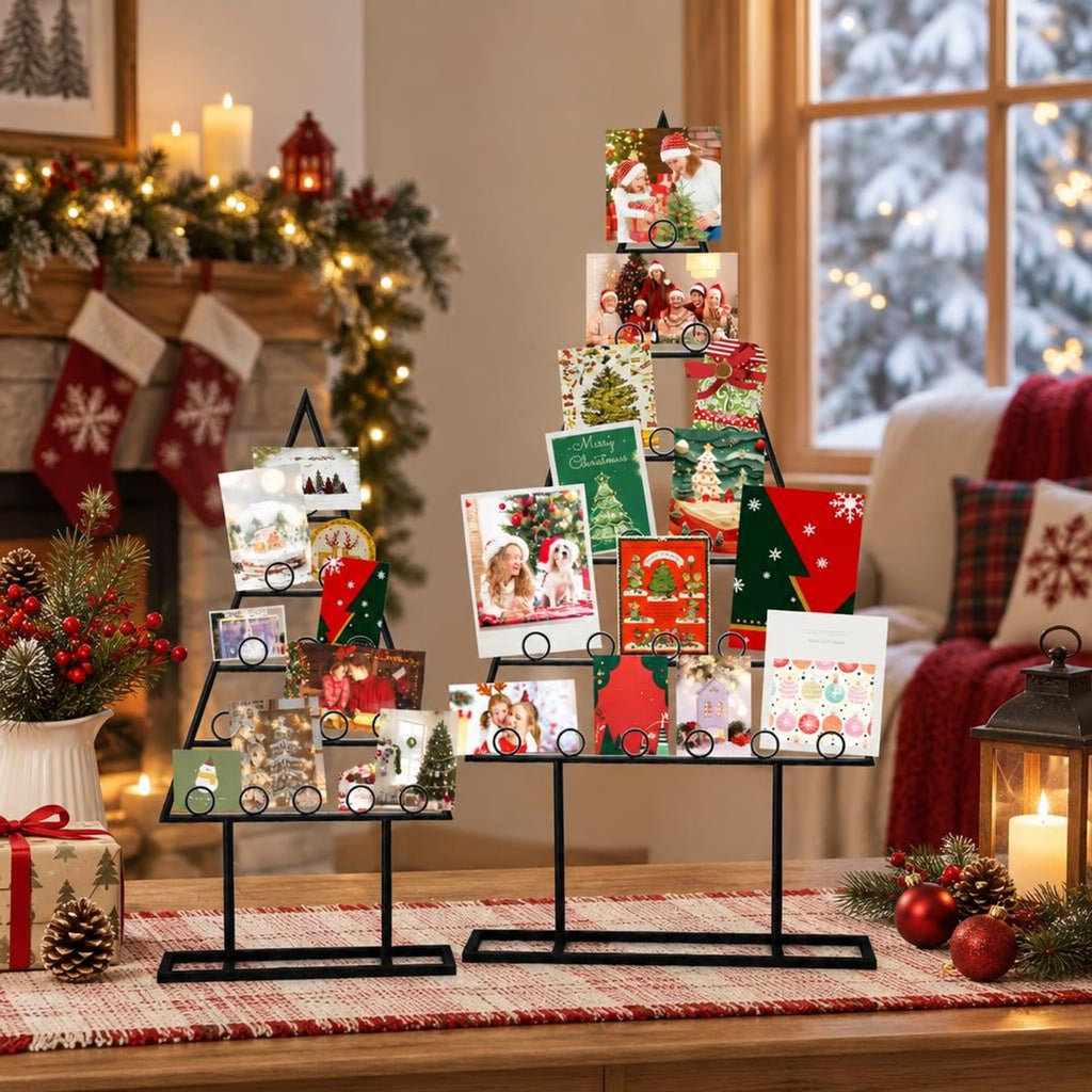 AIRFIND Christmas Card Holder Set of 2 Tree-Shaped Metal Photo Display Stands with 36 Round Clips, Large and Small Holiday Racks, Black