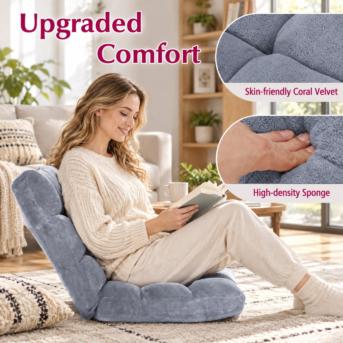Airfind Adjustable Floor Chair featuring 14-Position Backrest, Thick Cushion, Foldable Steel Frame and 200 Lb Capacity for Living Room, Gray
