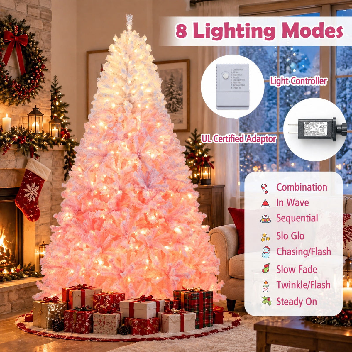 Airfind 8 FT Artificial Christmas Tree with Warm White LED Lights and 8 Modes for Holiday-8 Feet, PVC Metal Frame, Pink