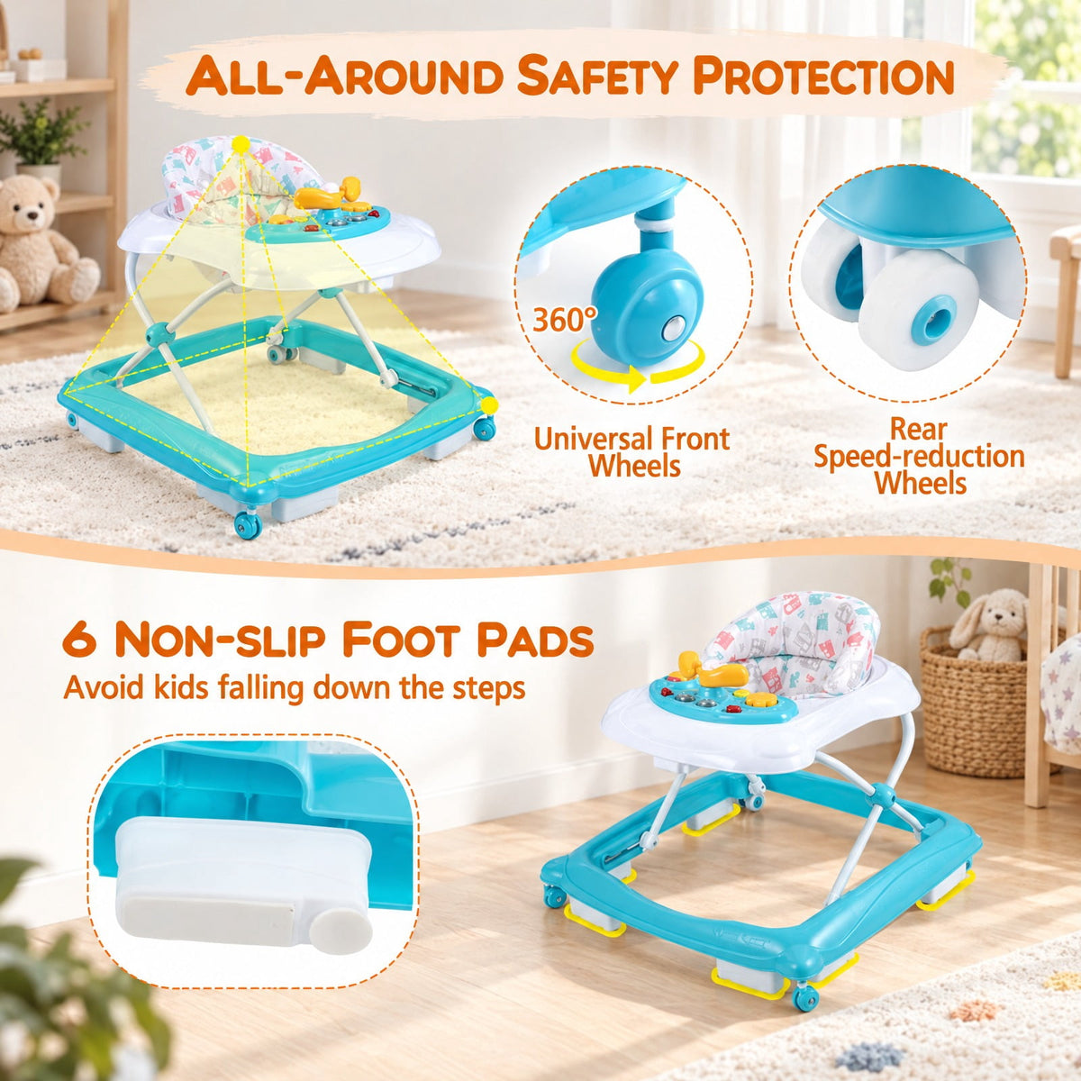Airfind Foldable Baby Walker with 3 Adjustable Heights and Padded Seat, 26.5 lbs Capacity, PP Frame, for 7-14 months, Green