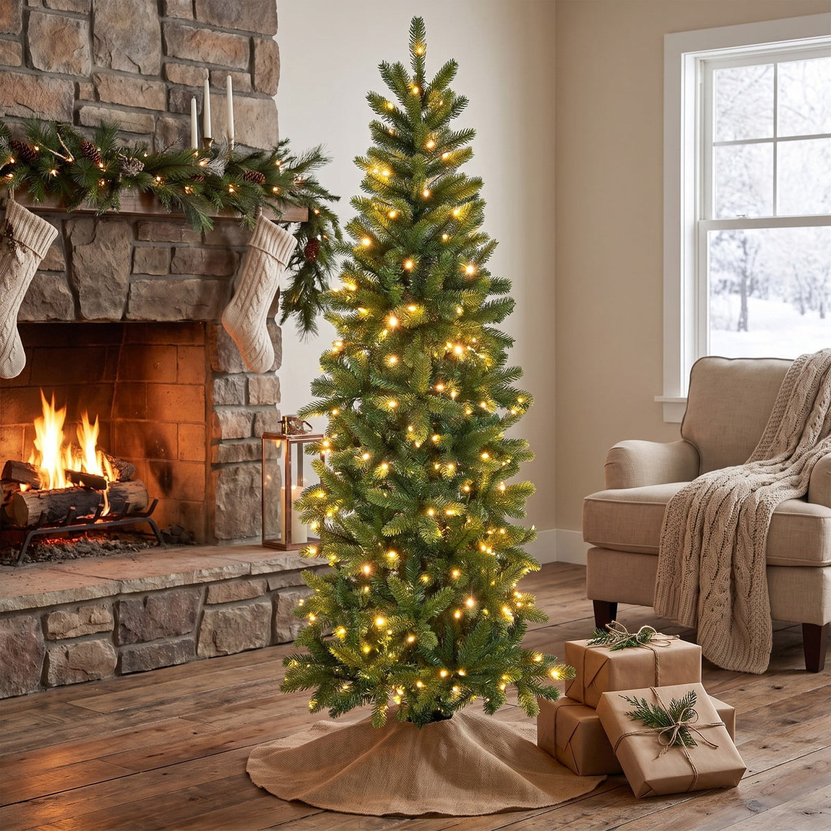 Airfind Pencil Christmas Tree with 180 Warm White and Multi, PVC PE Metal Tree Height 5ft Tree Width 2ft Frame, White