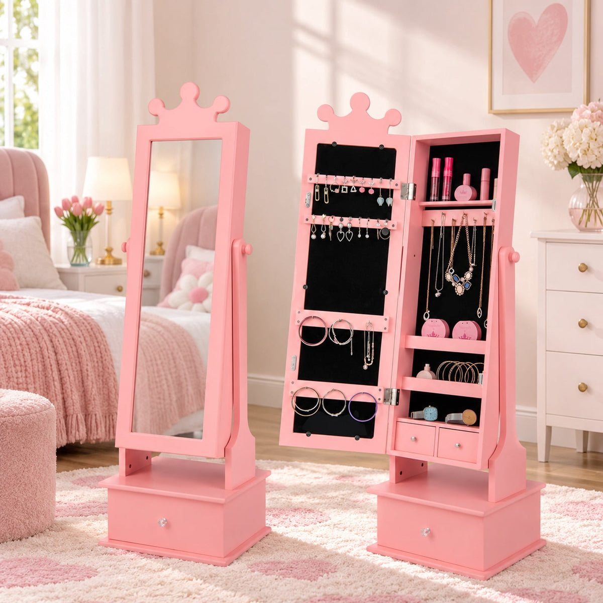 Airfind 2-in-1 Kids Play Jewelry Armoire with Full Length Mirror and Drawers, MDF Glass Frame, for 3+ Years Old, 13.5 x 12 x 40.5/44.5 Footprint