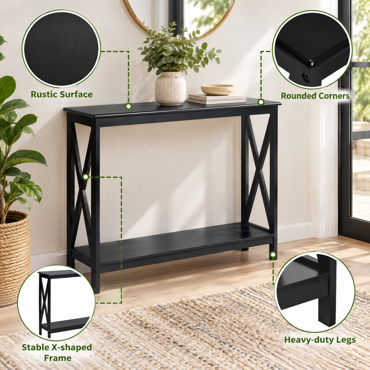 Airfind 2-Tier Console X-Design Sofa Side Accent Table, 66 lbs Capacity, P2 MDF Frame, 39.5 x 12 x 31.5 Footprint, Black