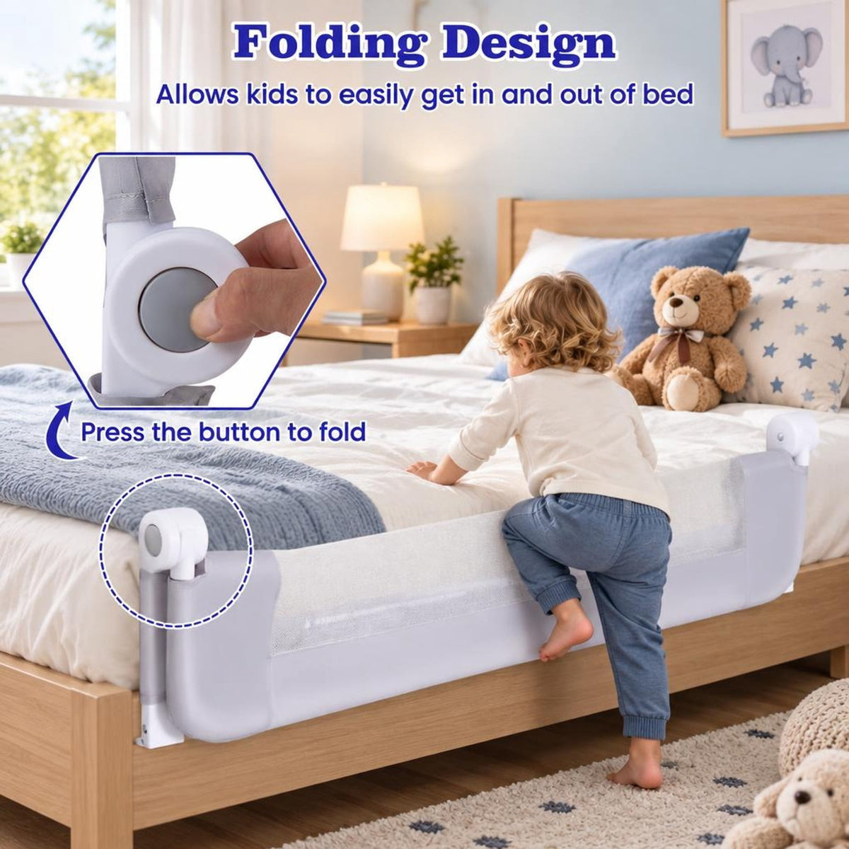 Airfind Foldable Bed Rail Swing Down Baby Bed Guard Rail, Metal Oxford Cloth PP Cotton Frame, 47 x 17 x 15.5（L x H x W） Footprint, White