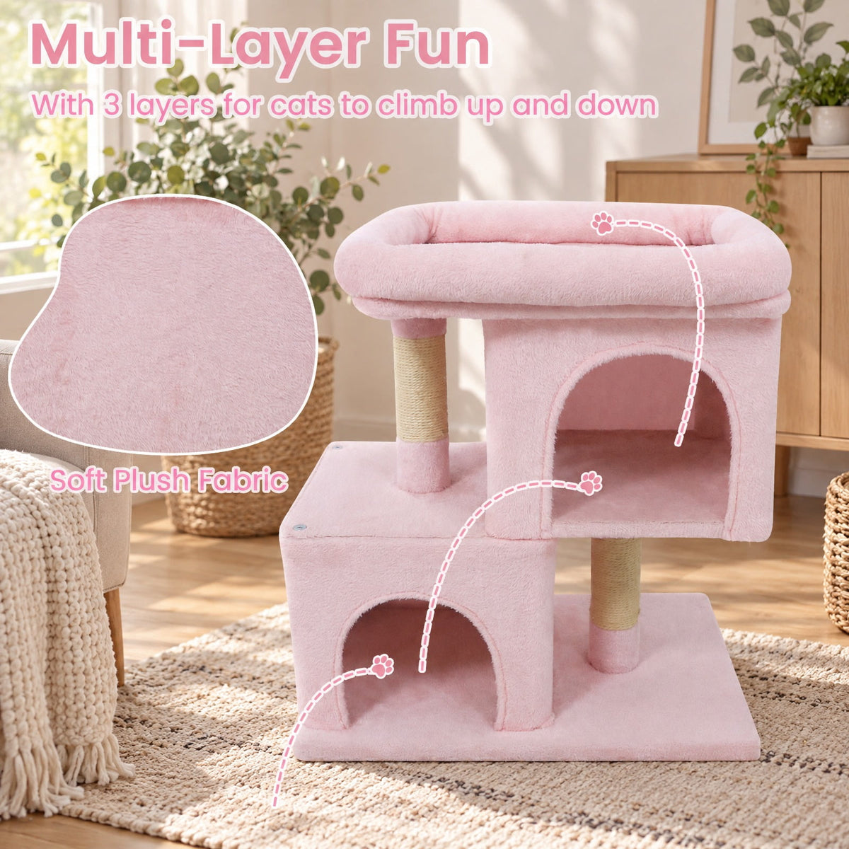Airfind Modern Cat Tree Space-saving Cat Tower with Upholstered Perch and 2 Cat Condos, 22 lbs Capacity, 24 x 16 x 25.5 Condo Footprint, Pink