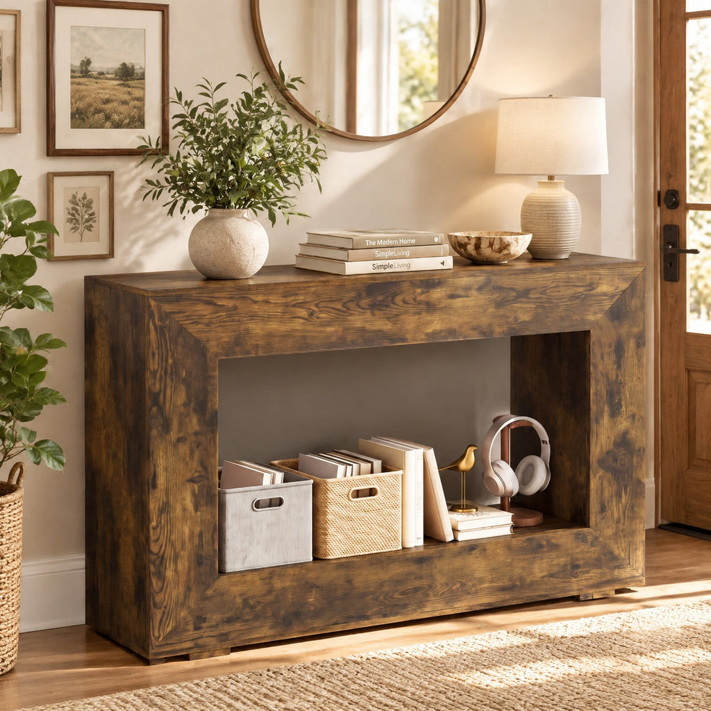 Airfind 47 Inch 2-Tier Farmhouse Console Table with Open Storage Shelf for Living Room, 47 Inch x 12 Inch x 33 Inch Middle Footprint, Brown