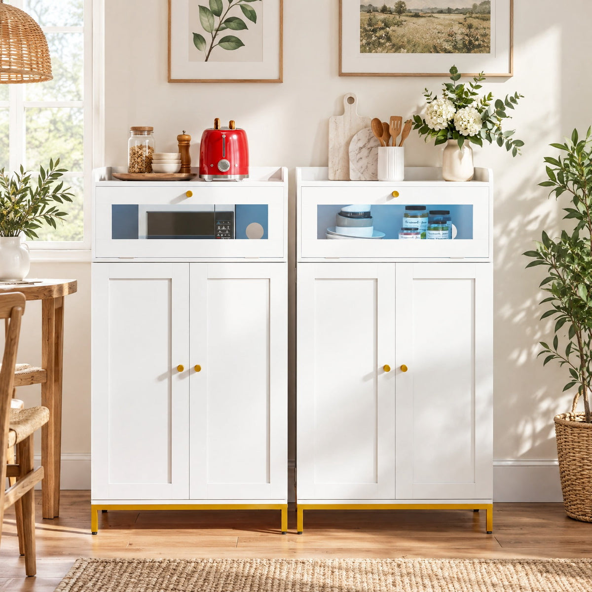 Airfind Kitchen Pantry Cabinet Freestanding Food Storage Cupboard, 70 lbs Capacity, MDF Metal Acrylic Frame, 23.5in x 12in x 43.5in Footprint, White