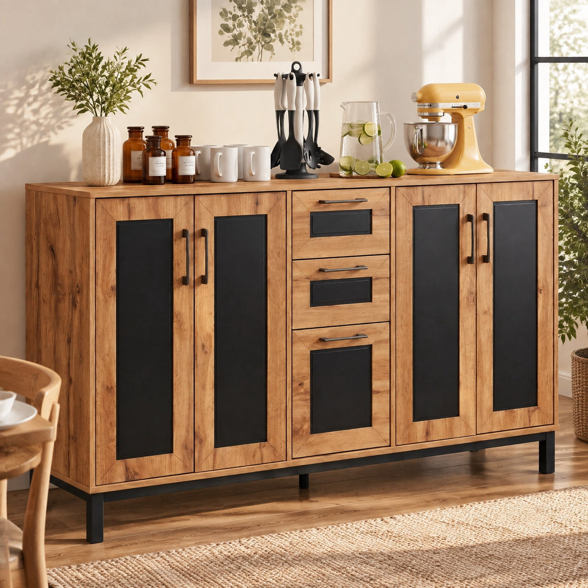 Airfind 63 Inch Sideboard Buffet Cabinet with 3 Drawers and Storage Shelves, 135 lbs Capacity, Engineered Wood Frame, 63 Inch x 16 Inch x 37.5 Inch Footprint