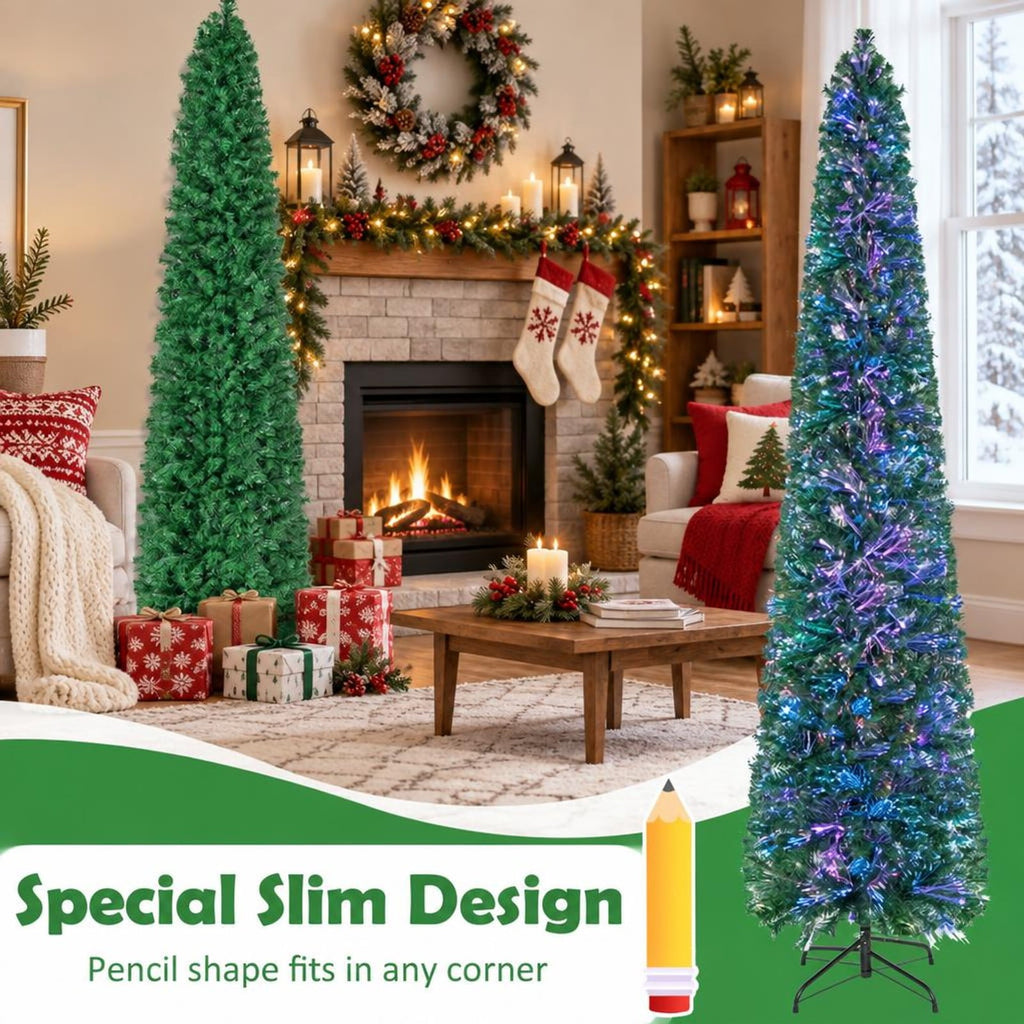 Airfind 5/6/7/8 FT Pre-Lit Christmas Pencil Tree with Colorful Fiber Optics Green-8 ft, PVC Metal Fiber Optics Frame, Green