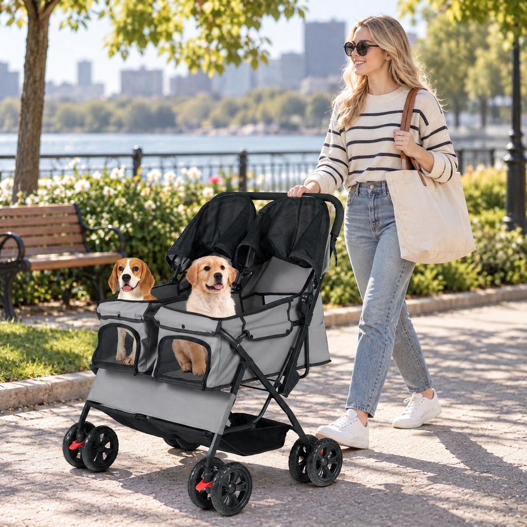 Airfind Foldable Double Pet Stroller with Adjustable Sunshade and Storage Basket, Aluminium Alloy Oxford Fabric PP EVA Frame, Gray