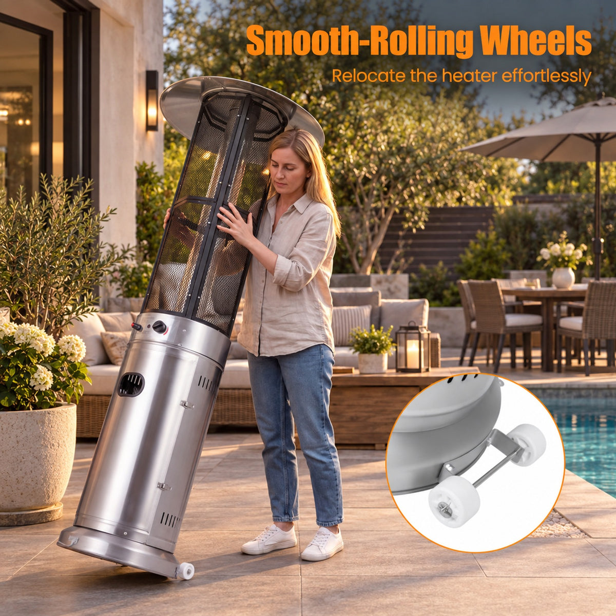 Airfind Outdoor Propane Patio Heater with Glass Tube and Tilt-Over Protection, Metal Frame, 27.5in x 74.5in Footprint, Silver