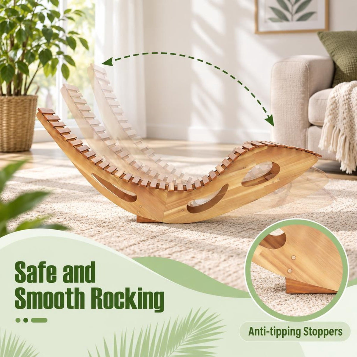 Airfind Acacia Wood Patio Rocking Sun Lounger Chaise Lounge with Ergonomic Curved Seat, 350 lbs Capacity, Acacia Wood Frame, Wood