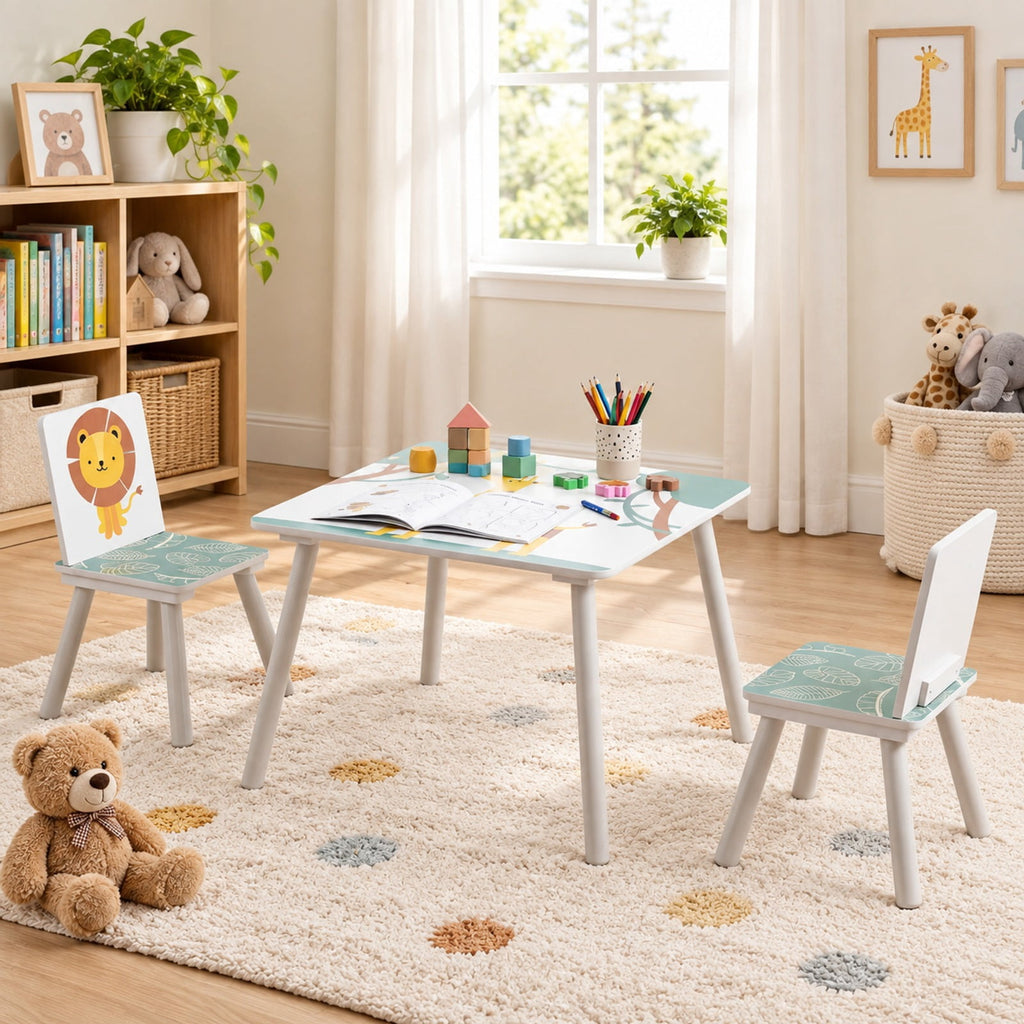 Airfind 3 Pieces Kids Table and Chairs Set with Animal Patterns for Aged 3-6 Years Old, 44 lbs Capacity, Pine Wood, for 3-6 Years Old