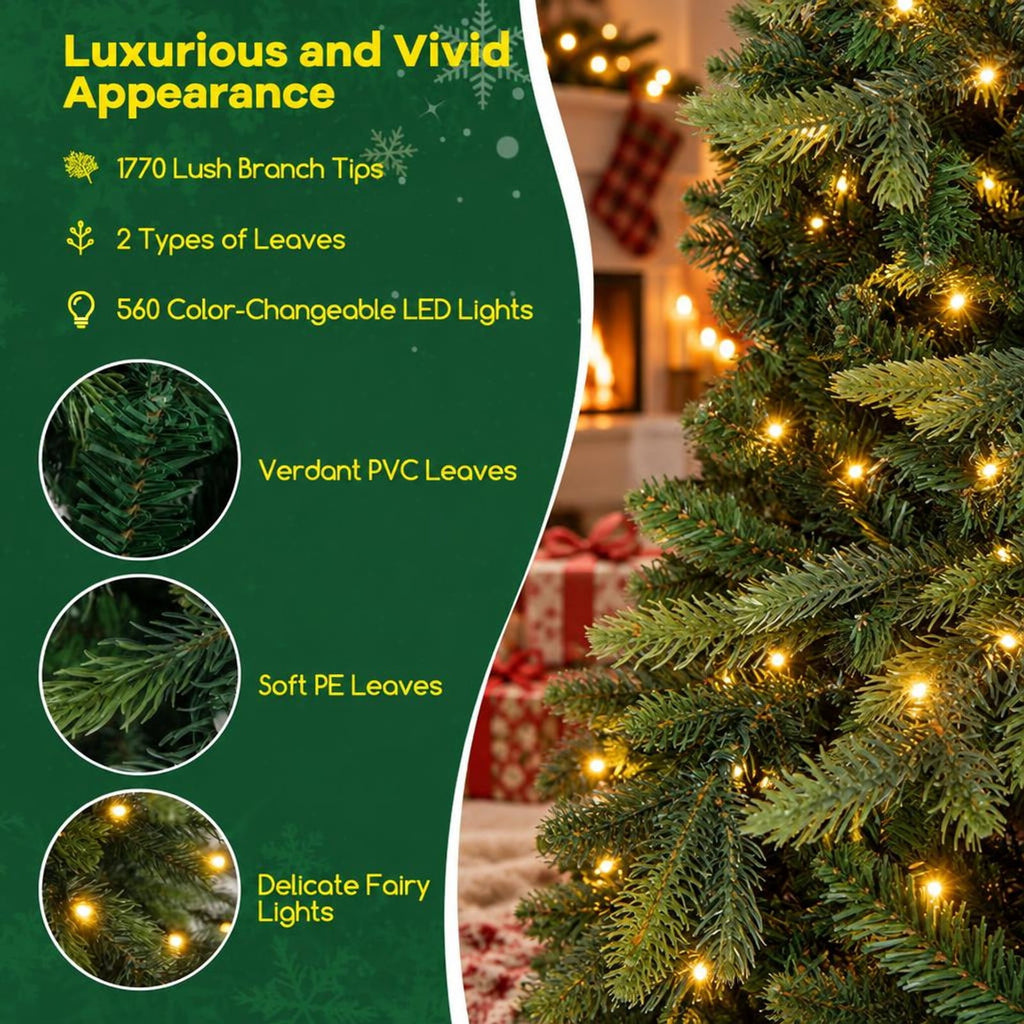 Airfind 9 Ft Pre-lit Artificial Christmas Tree with 560 Color-changeable LED Lights, 1770 Branch Tips, Remote Control, Green