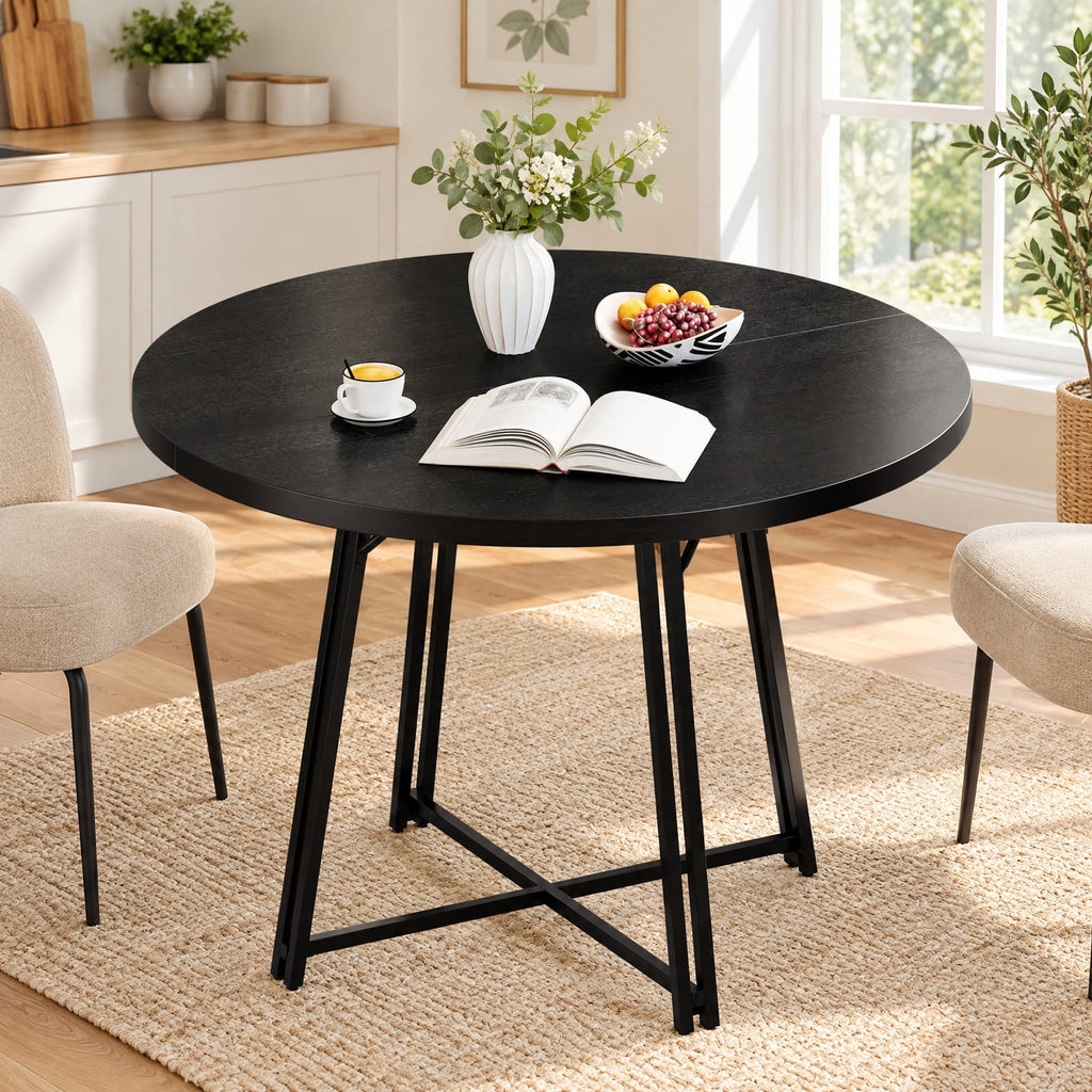 Airfind 47 Inch Dining Table for 4-6 People Round Kitchen Table with Cross Base, 200 lbs Capacity, Metal MDF Frame, 47 x 30.5 Footprint, Black