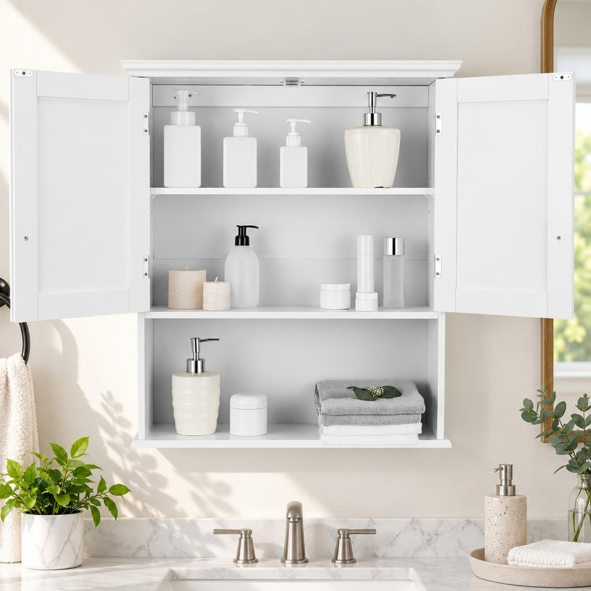 Airfind 2-Door Wall Mount Bathroom Storage Cabinet with Open Shelf, MDF Metal Frame, White, Overall dimension 23.5in x 8in x 28in(L x W