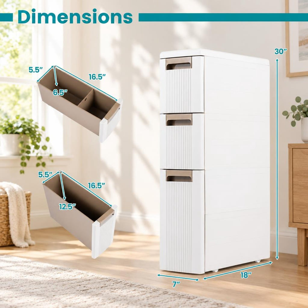 Airfind 3-Tier Narrow Storage Cabinet Slim Rolling Cart with 3 Drawers and 2 Removable Dividers, 11 lbs Capacity, PP Frame, 18 x 7 x 30 Footprint