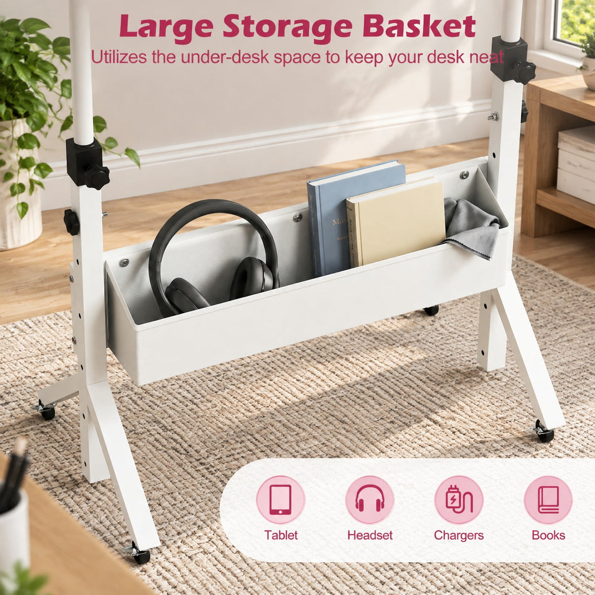 Airfind Mobile Standing Desk Height Adjustable Rolling Laptop Desk with Cup Holder Storage Basket, 110 lbs Capacity, White