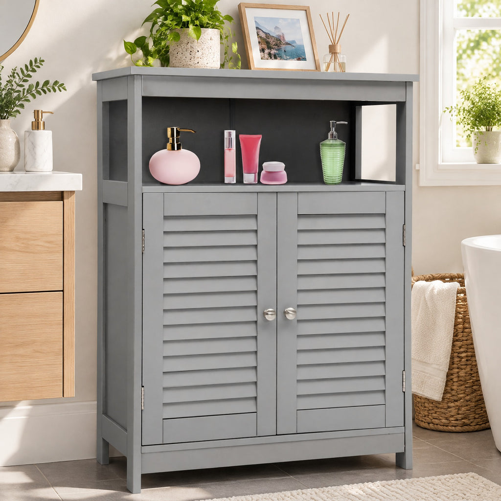 Airfind Wood Freestanding Bathroom Storage Cabinet with Double Shutter Door, 77 lbs Capacity, P2 MDF Frame, 23.5in x 12in x 31.5in Footprint, Gray