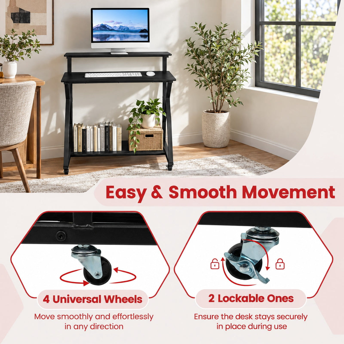 Airfind 32 Inch Rolling Computer Desk for Small Spaces with Power Outlets, 155 lbs Capacity, Engineered Wood Metal Frame, Black