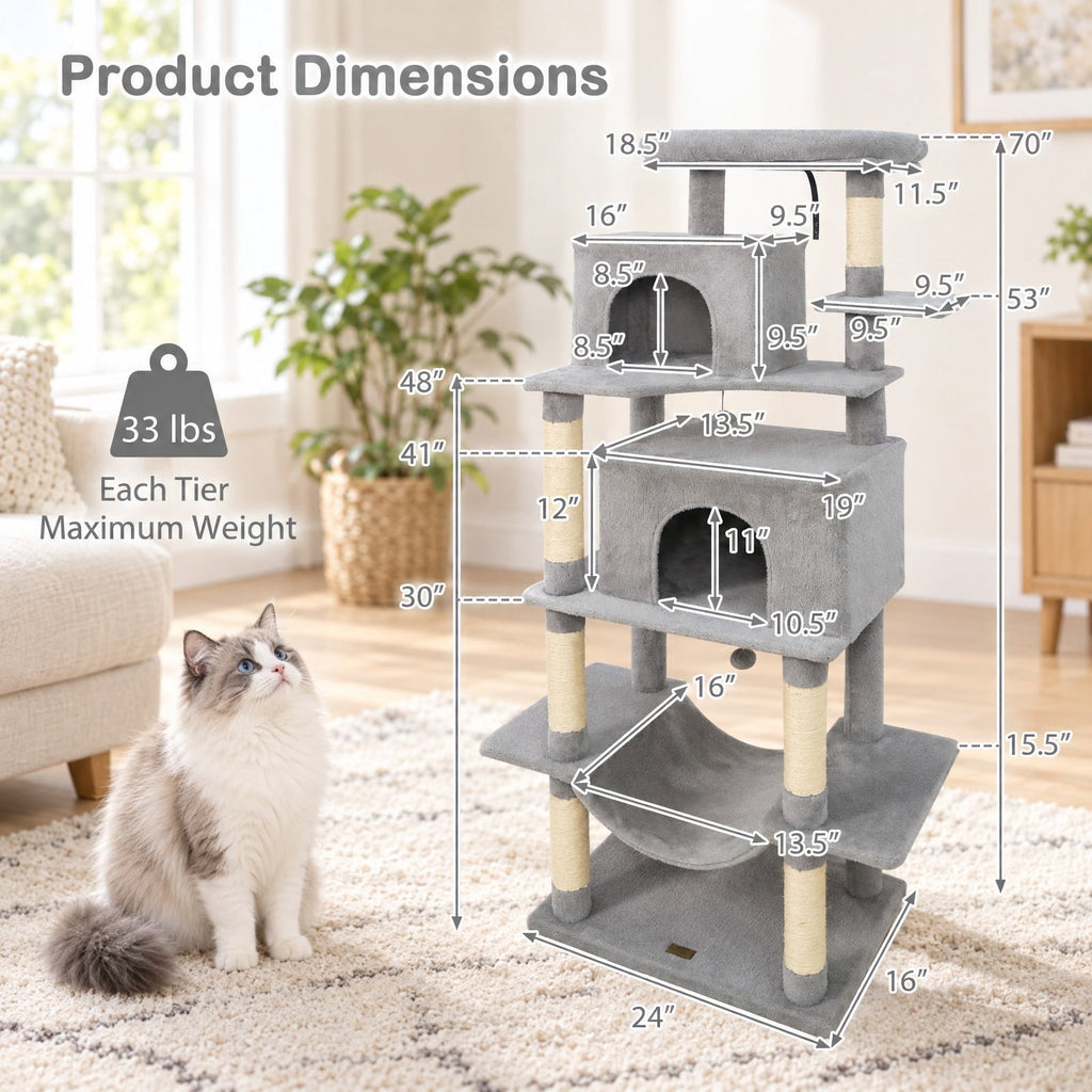 Airfind Large Cat Tree for Indoor Cats 70 Tall Cat Tower, 33 lbs Capacity, Plush Fabric Sisal Engineered Wood Overall Height 70 Base Frame