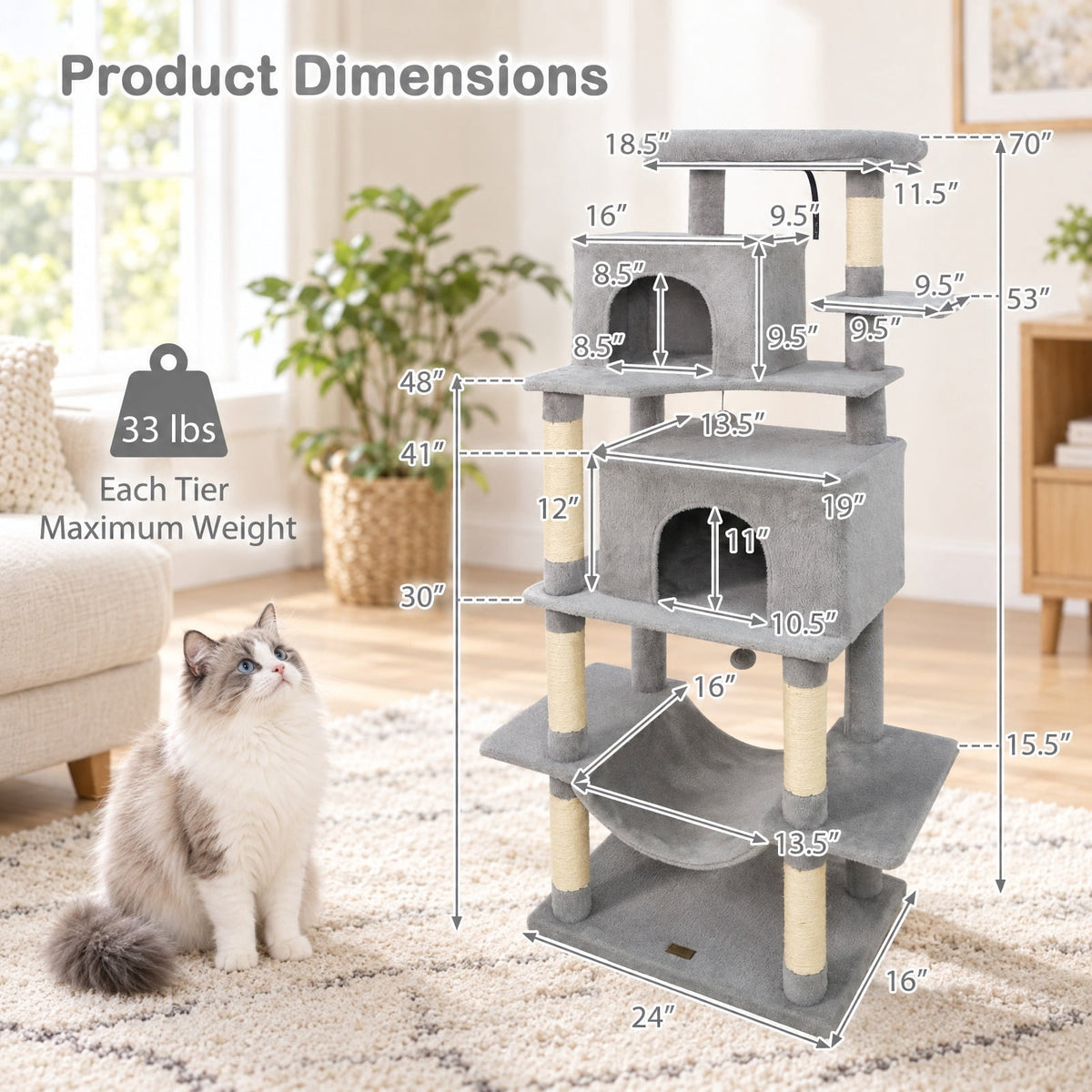 Airfind Large Cat Tree for Indoor Cats 70 Tall Cat Tower, 33 lbs Capacity, Plush Fabric Sisal Engineered Wood Overall Height 70 Base Frame