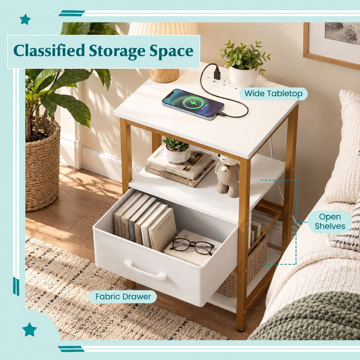 Airfind Nightstand with Charging Station and Adjustable Fabric Drawer for Bedroom and Living Room-1 Piece, 44 lbs Capacity, White and Gold